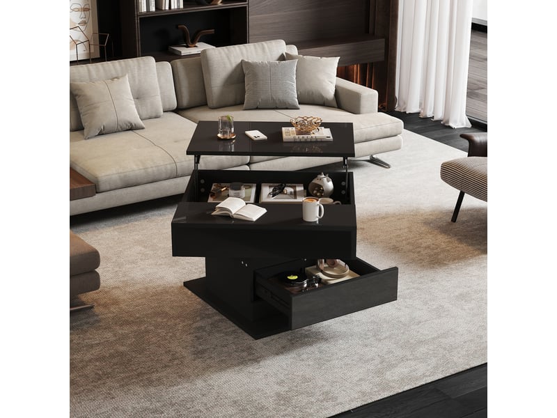 Table basse relevable carrée noir - 70x70 cm panneau de particules table basse noir - Conforama E