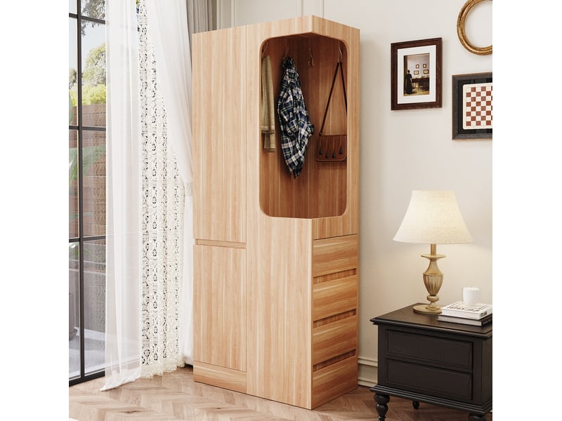  Armoire avec 1 porte, 4 tiroirs latéraux et penderie ouverte, pour chambre, en bois naturel, 70 × 40 × 170 cm  - Conforama C