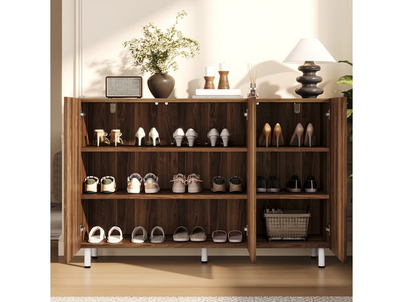  Meuble à chaussures - 120x40x80cm - buffet 2-en-1, 3 portes avec motifs en arc &amp; charnières amorties - noyer  - Conforama B