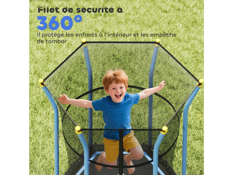 Trampoline pour enfant 1,22 x 1,11 x 1,9 m filet de sécurité porte zippée 6 poteaux rembourrés inclus bleu noir - Conforama R