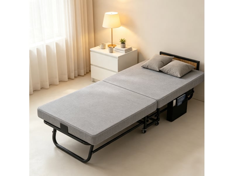  Lit pliant 80x190 cm avec port usb métal bois gris  - Conforama C