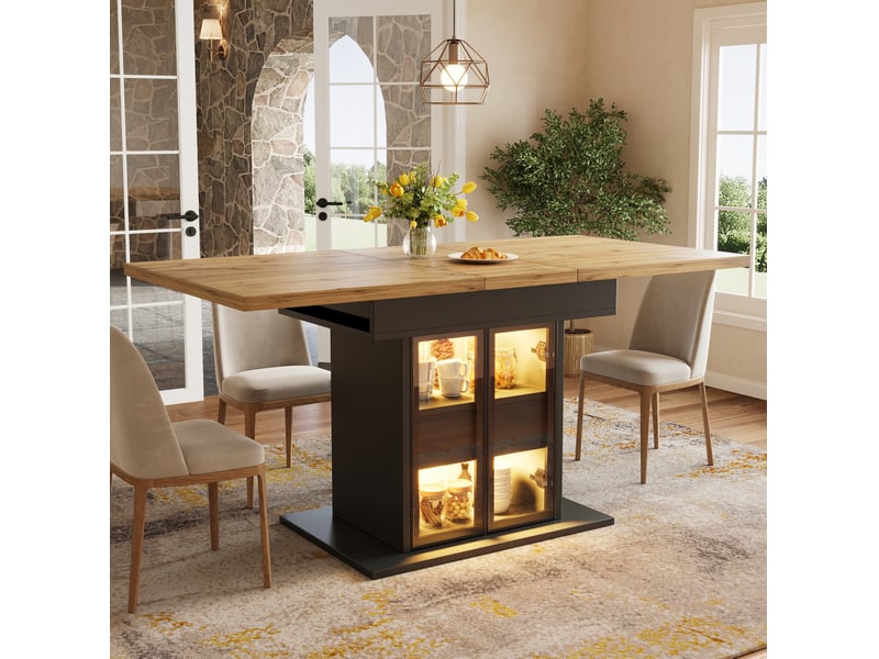 Table de salle à manger extensible avec 2 tiroirs et rangement, portes coulissantes en verre, led, noir - Conforama D