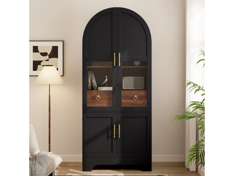 Buffet haut vitrine 76 x 40 x 180 cm avec éclairage led, 4 portes, 1 tiroir et verre trempé - noir Fay Lum - Conforama B