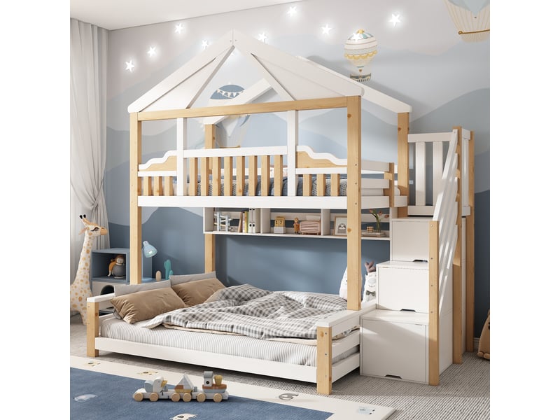 Lit superposé cabane 90x200 + 140x200 cm, escalier de rangement, étagères suspendues, toit diamant, sommiers inclus, bois, blanc et bois naturel Luxe haut de gamme - Conforama E