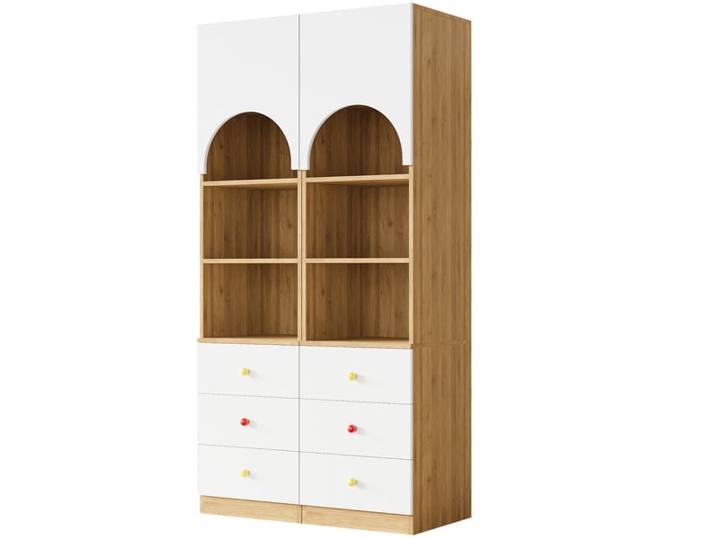  Lot de 2 bibliothèques enfant - 50x50x200 cm - meubles de rangement hauts avec porte arquée et 3 tiroirs - bois et blanc  - Conforama A