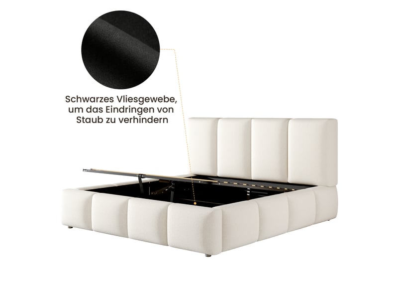  Lit coffre double 180x200 cm blanc en bouclé, hydraulique avec sommier et tête de lit, grand rangement, sans matelas  - Conforama D