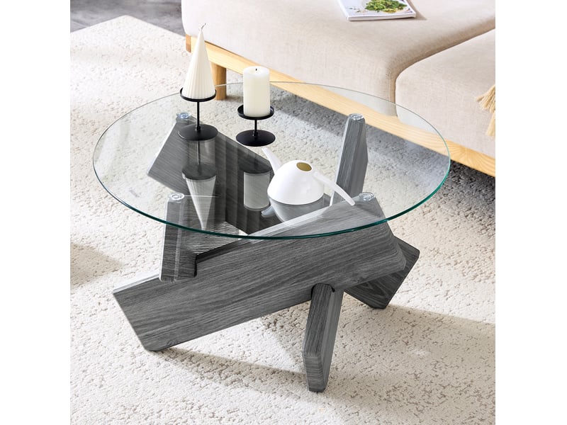  Table basse ronde avec plateau en verre et piètement croisé, style moderne, en mdf et verre, gris transparent  - Conforama B