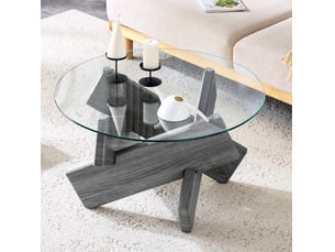 Table basse ronde avec plateau en verre et piètement croisé, style moderne, en mdf et verre, gris transparent