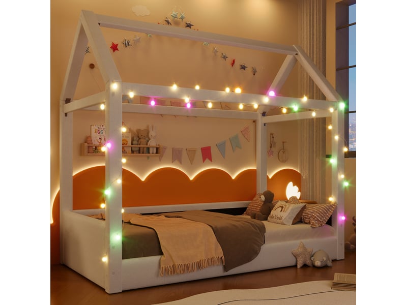  Lit cabane enfant 90x200 cm design minimaliste moderne, led multicolore, structure mdf recouvert lin, beige sans matelas  - Conforama W