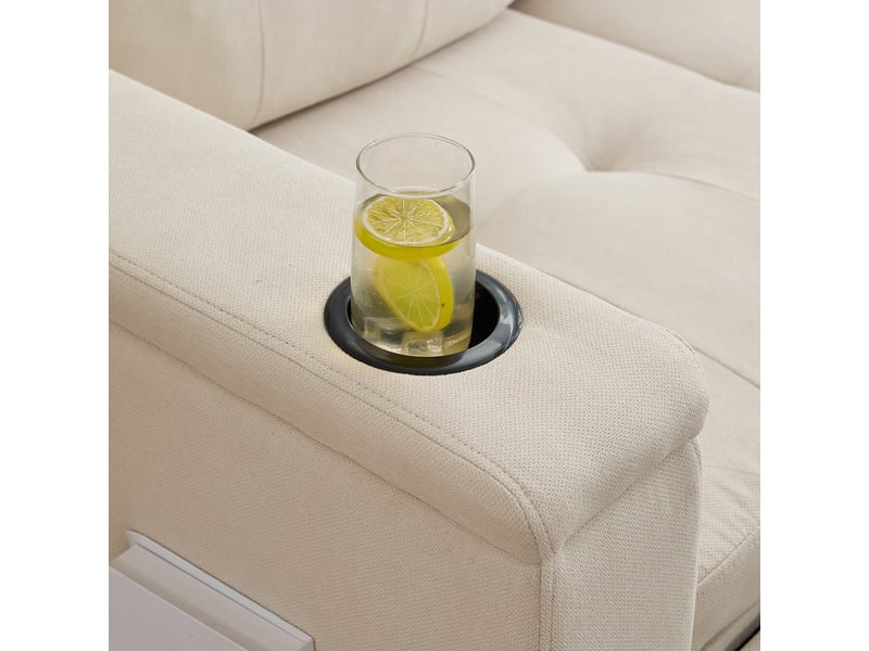  Canapé d'angle convertible 3 places beige en tissu avec coffre de rangement intégré et pieds en bois massif  - Conforama D