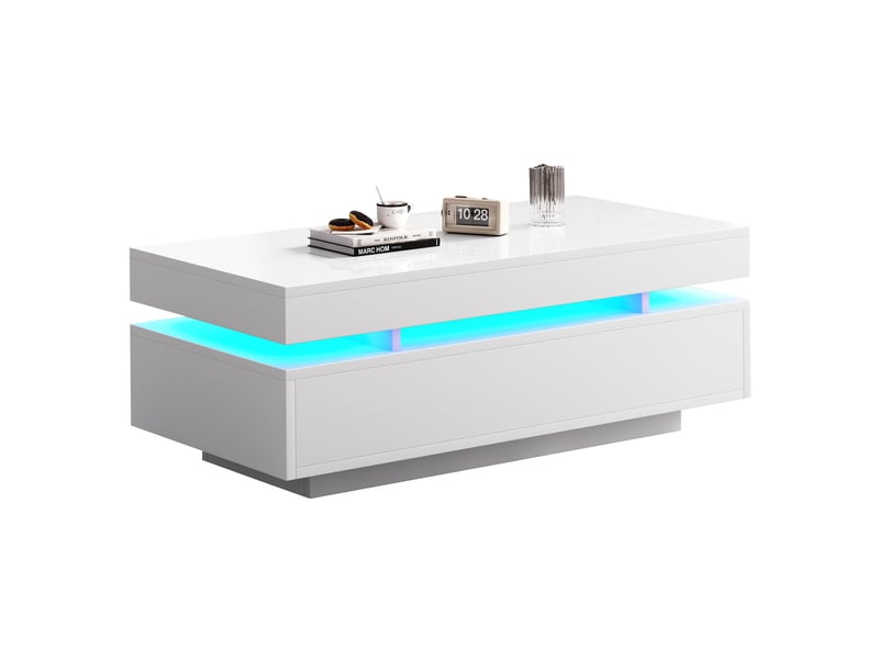  Table basse avec 2 tiroirs et led pour salon en bois d'ingénierie blanc laqué brillant moderne 100 × 50 × 35 cm  - Conforama A