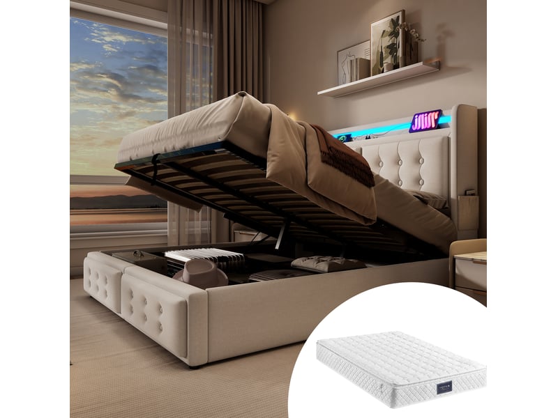 Lit coffre tcqpz 160 x 200 cm led usb-c beige bois métal coton - Conforama B