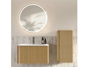 Meuble sous vasque suspendu avec lavabo, colonne et miroir led réglable antibuée pour salle de bain en mdf chêne