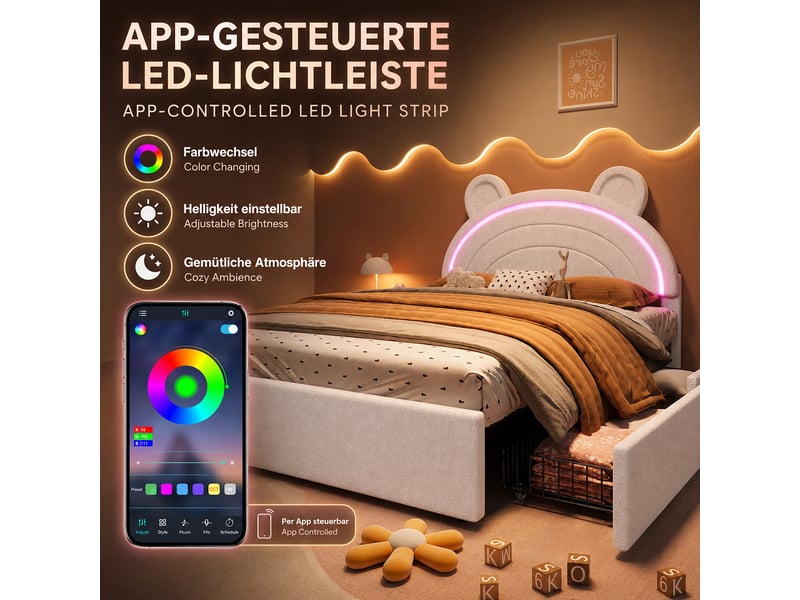  Lit enfant 140 × 200 cm 2 places avec 4 tiroirs, led via application et tête de lit ourson, sans matelas, beige  - Conforama E