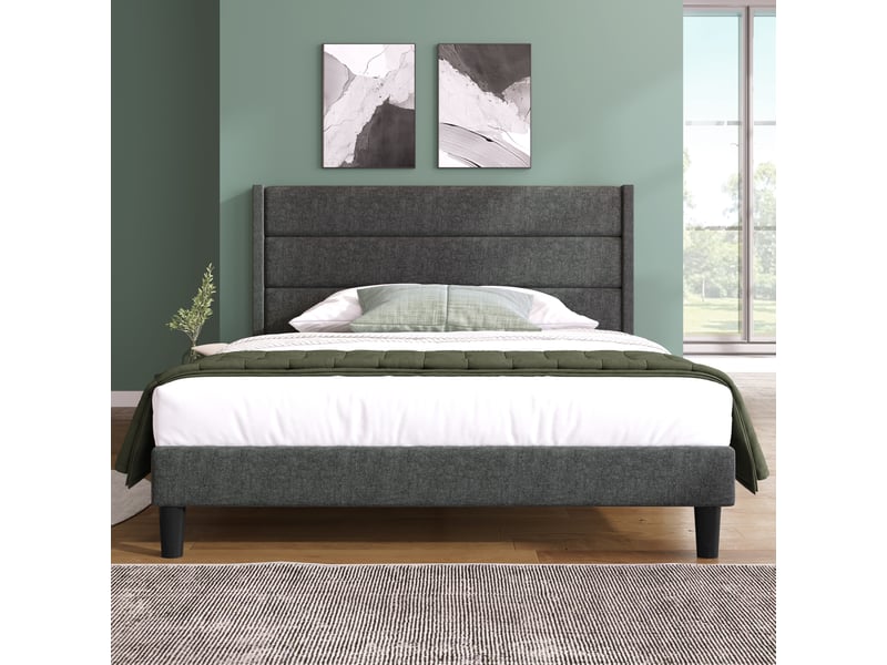 Lit 2 places 140x200 cm en lin gris foncé avec tête de lit et sommier à lattes - Conforama D