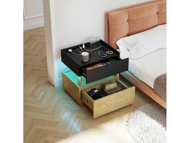  Table de chevet tcqpz 50 x 40 x 50 cm avec charge sans fil usb led et 2 tiroirs noir et bois naturel  - Conforama C