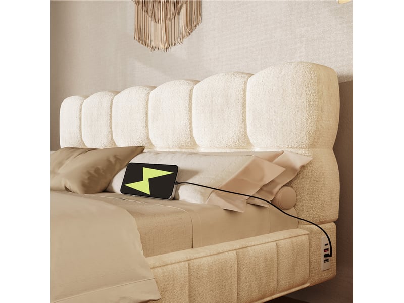  Lit coffre 140x190 cm avec rangement hydraulique, led, usbtype-c, sommier à lattes, design bubble en chenille, beige, sans matelas  - Conforama D