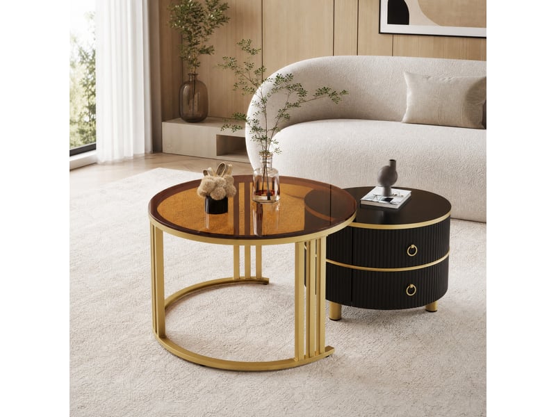  Tables basses gigognes avec 2 tiroirs et 2 plateaux, plateau en verre trempé, finition brillante, pour salon  - Conforama B