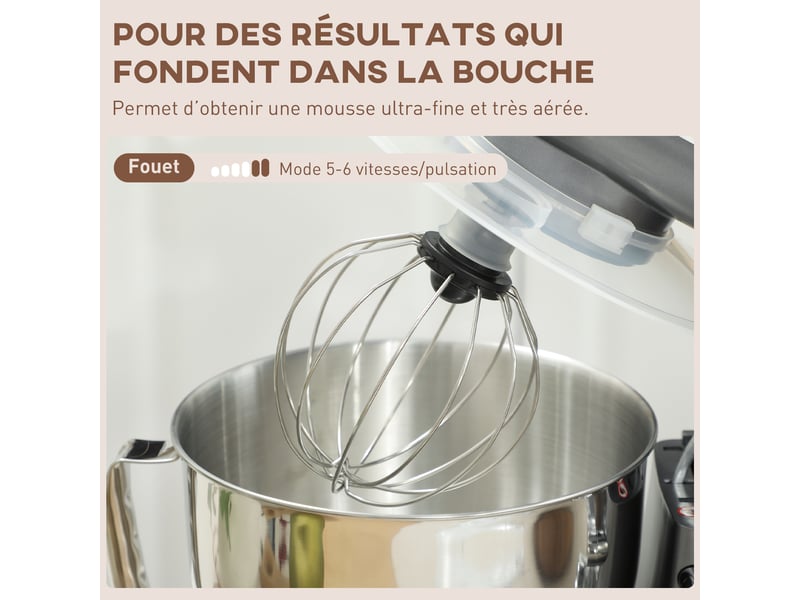 Robot pâtissier 1300 w, robot pétrin professionnel 4,5 l, bol d'acier inoxydable, argent, 6+p vitesses et pulse - Conforama W