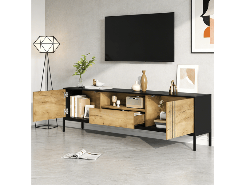  Meuble tv bas 170 x 35 x 50 cm – chene et noir – pour ecran jusqu a 70 pouces, rangement 2 portes et tiroir  - Conforama D