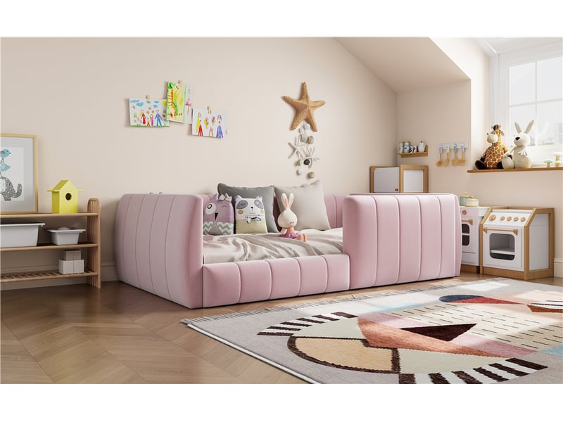  Lit banquette enfant 90 × 200 cm, capitonné avec barrières, rose  - Conforama B