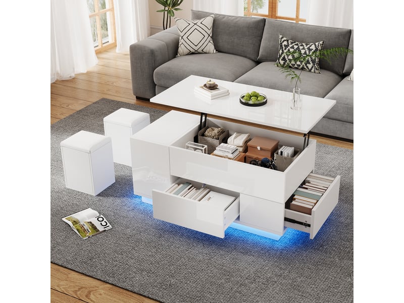  Table basse relevable blanche brillante avec led, 2 poufs et rangement caché, 100x50x45cm  - Conforama C