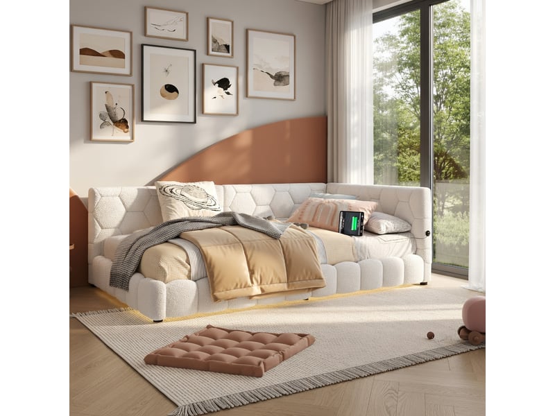  Lit d'enfant 90 × 200 cm, avec éclairage d'ambiance disponible en 16 couleurs, port usb-c, tissu imitant la fourrure, blanc  - Conforama B