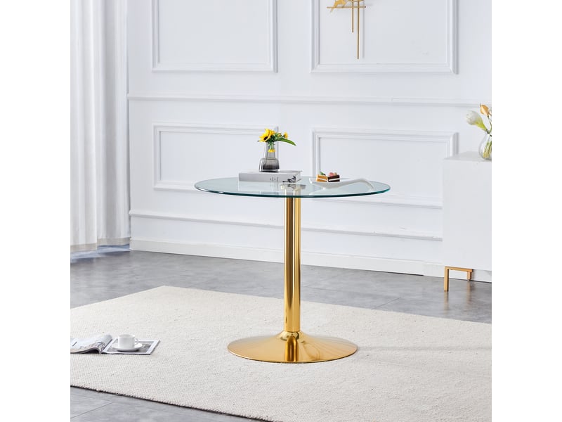  Table de salle à manger ronde en verre et métal, diamètre 85 cm, hauteur 76 cm, transparente et dorée  - Conforama C