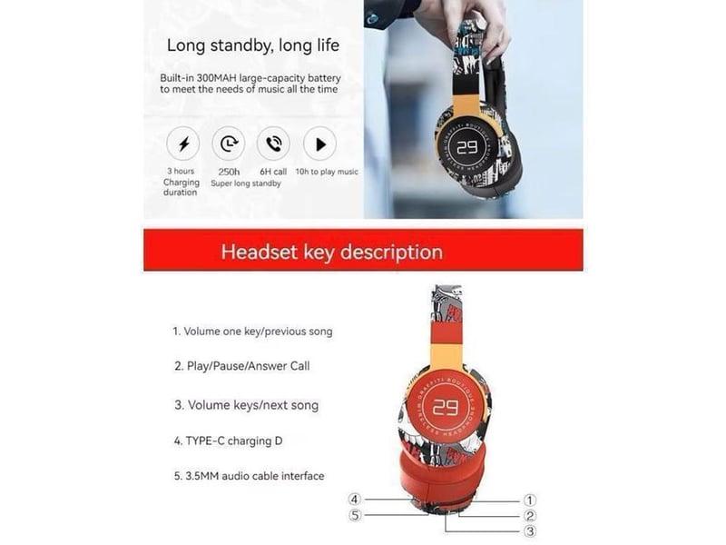  Casque bluetooth 5.1 pliable antibruit supra-auriculaire avec micro et led bleu, arceau ajustable, basses profondes, jack 3,5 mm  - Conforama E
