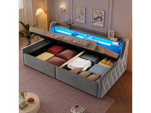 Lit coffre 90 x 200 cm en velours gris avec ouverture hydraulique et éclairage led multicolore, sans matelas