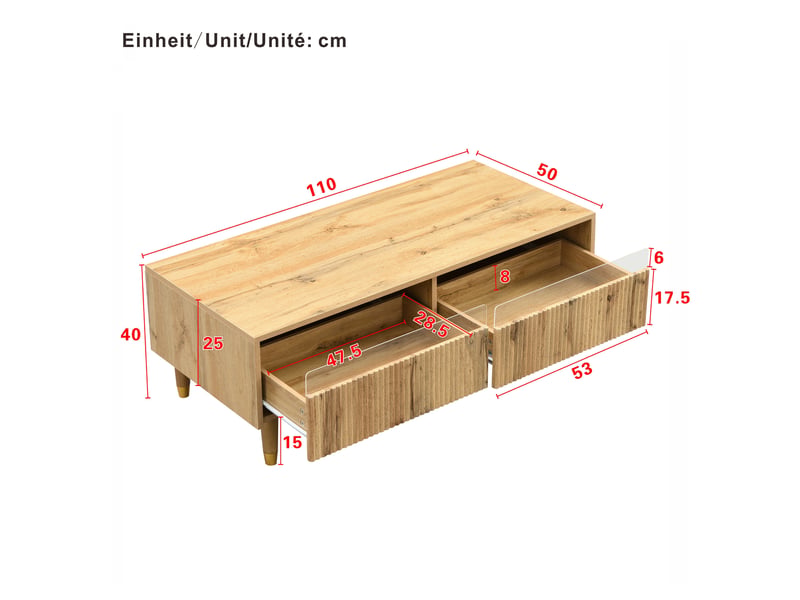  Table basse 110x50x40 cm, 2 tiroirs, éclairage led bluetooth, façade ondulée, pieds bois massif dorés pour salon et séjour - bois  - Conforama C
