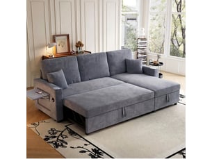 Canapé d'angle convertible droit gris en velours côtelé, coffre de rangement et ports usb
