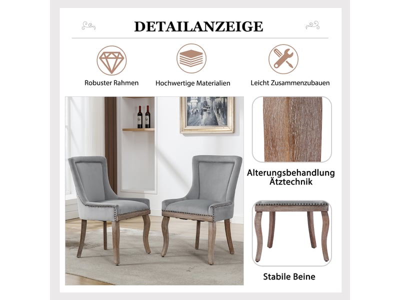 Lot de 6 chaises de salle à manger en velours gris capitonné avec clous décoratifs et pieds en bois massif  - Conforama E