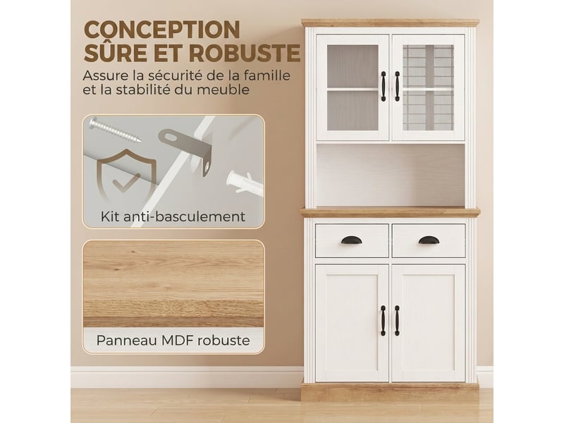  Buffet haut cuisine, armoire cuisine, 4 portes dont 2 en verre, 2 tiroirs, étagères réglables, plan de travail, blanc  - Conforama R