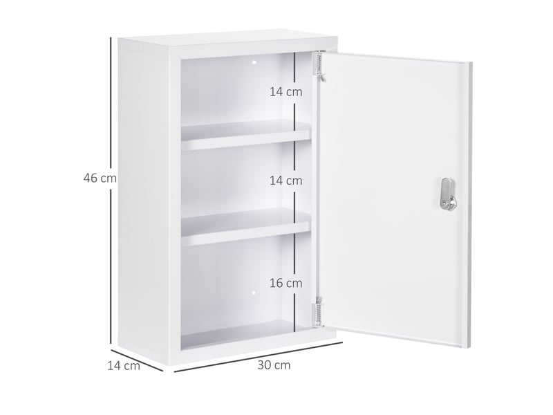  Armoire à pharmacie à 3 étagères avec serrure et 2 clés, acier, 30 x 14 x 46 cm, blanche  - Conforama E