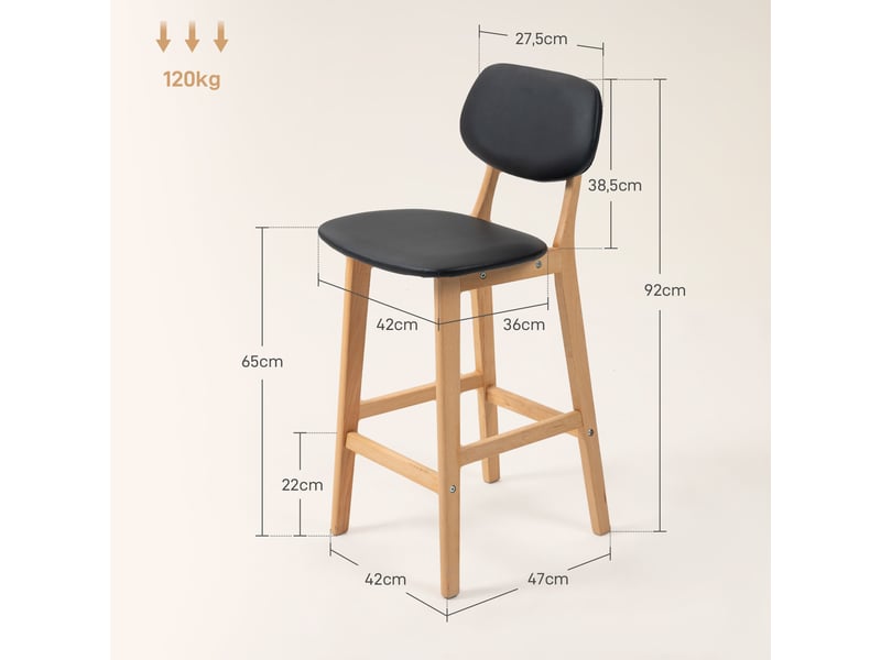  Lot de 2 tabourets de bar, chaises hautes, revêtement synthétique avec dossier et pieds en bois, noir  - Conforama E