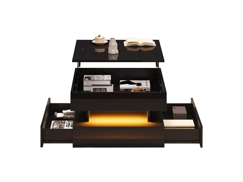  Table basse relevable noire 65x65 cm, table de salon carrée avec led, rangement caché et 2 tiroirs  - Conforama A