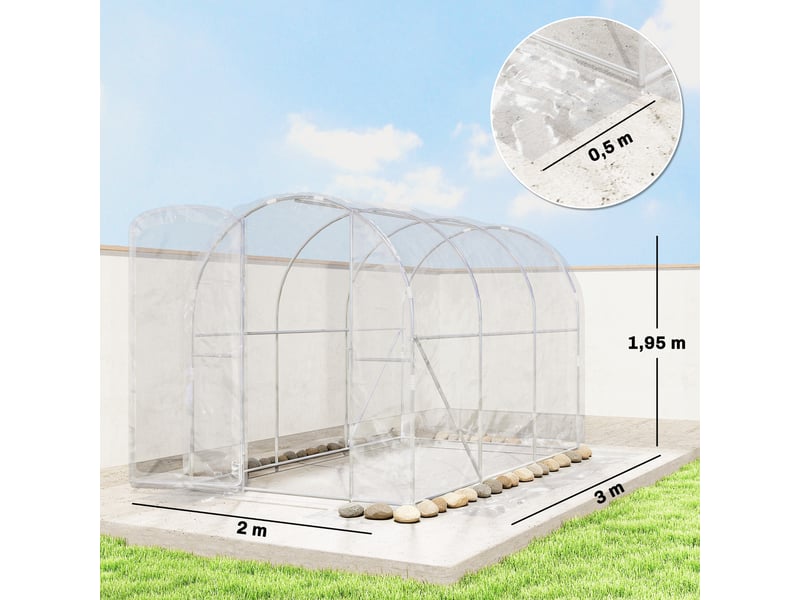  Serre de jardin tunnel 3 x 2 x 2 m 6 m² avec porte à charnières bâche en pe 150 gm² pour légumes plantes fleurs  - Conforama E