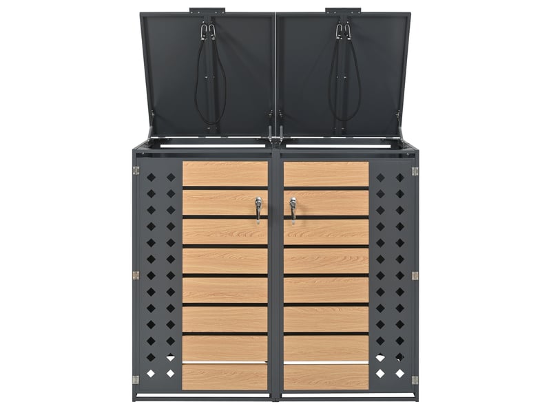  Cache-poubelles 2 compartiments, couvercle rabattable, panneaux diamant perforés, métal gris  - Conforama A