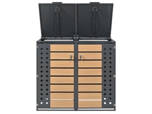 Cache-poubelles 2 compartiments, couvercle rabattable, panneaux diamant perforés, métal gris