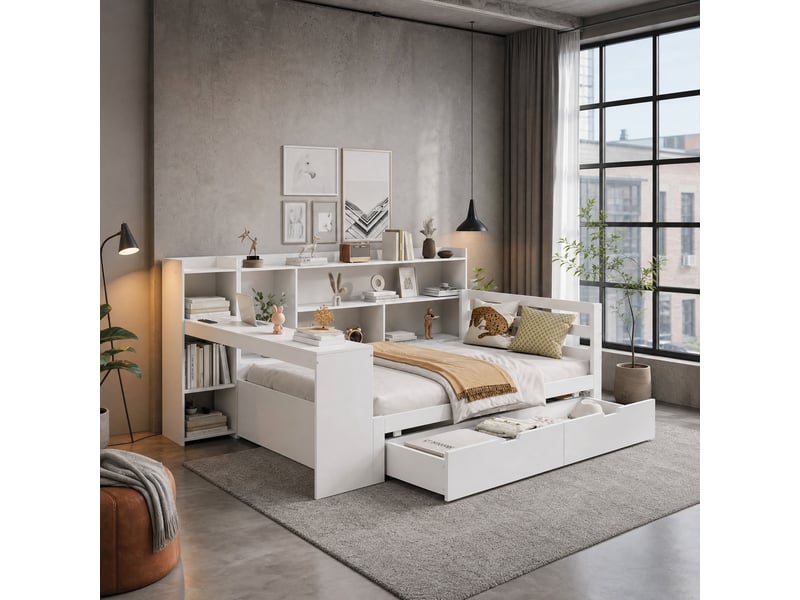  Lit combiné 90x200 cm avec bureau, rangements et prise usb blanc  - Conforama D