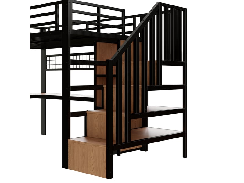 Lit mezzanine ,90x200cm, avec lumineuse led, bureau intégrés et compartiment de rangement, noir  - Conforama E