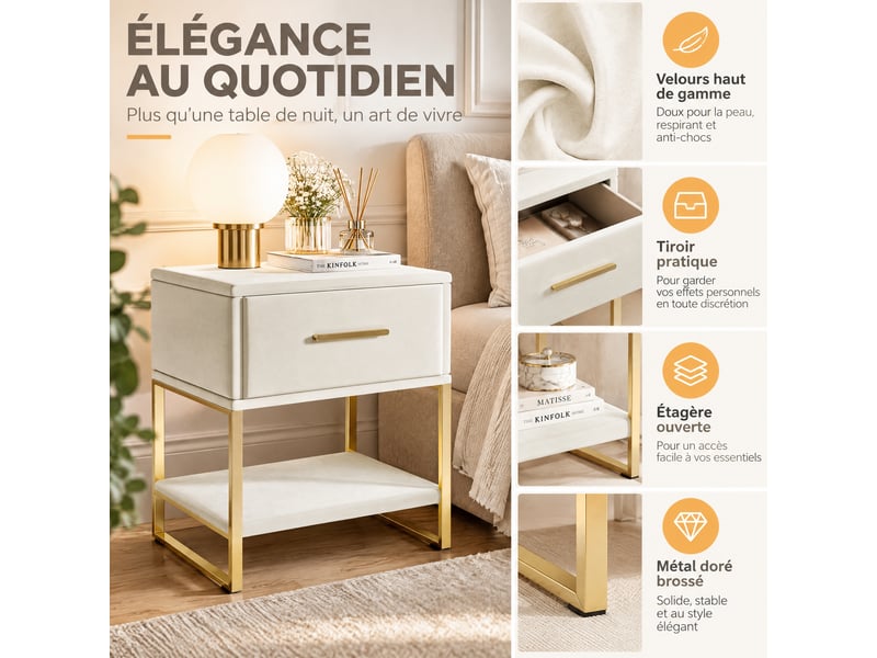  Lot de 2 tables de chevet en velours, table de nuit rembourrée avec 1 tiroir - étagère ouverte - pieds et poignée en métal doré, table d'appoint style moderne chic pour chambre à coucher, beige  - Conforama D