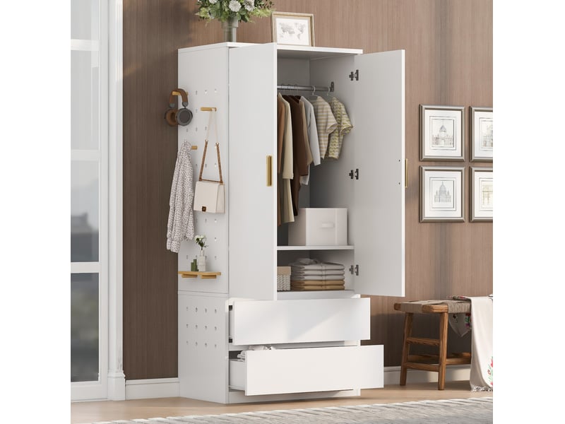 Armoire modenvie 70 x 50 x 170 cm avec panneau perforé latéral, 2 tiroirs et espaces de rangement dissimulés, blanche - Conforama B
