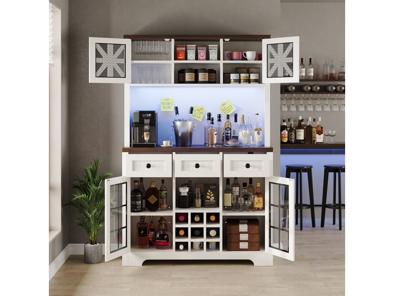  Buffet haut blanc 120 x 40 x 180 cm avec led, range-bouteilles et porte-verres  - Conforama E