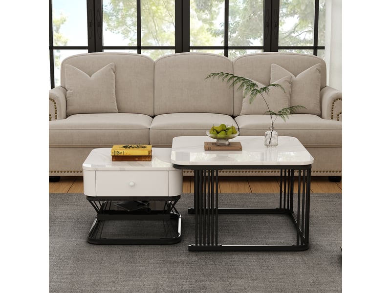  Lot de 2 tables basses gigognes carrées effet marbre brillant avec 1 tiroir, structure métal noir, blanc et noir  - Conforama R