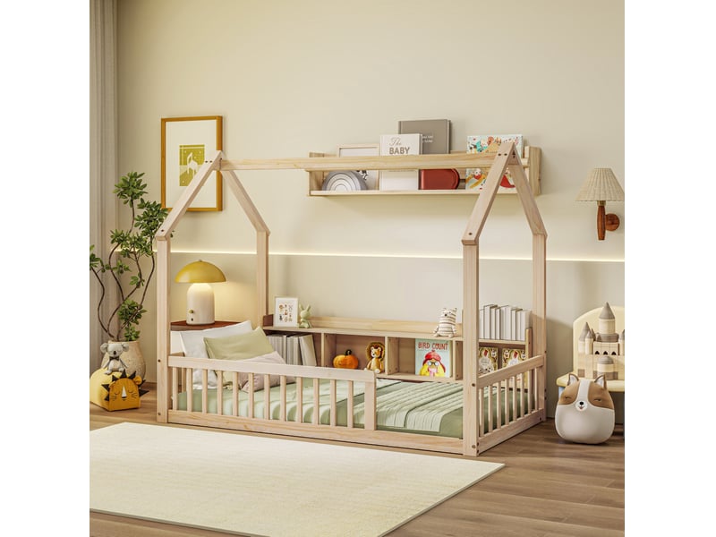 Lit cabane au sol enfant 90x200 cm coloris naturel avec barrières et rangements  - Conforama D
