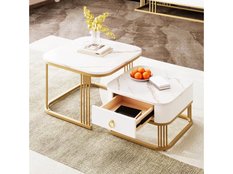  Table basse empilable effet marbre doré brillant – table d'appoint à tiroirs (lot de 2) conforama  - Conforama D