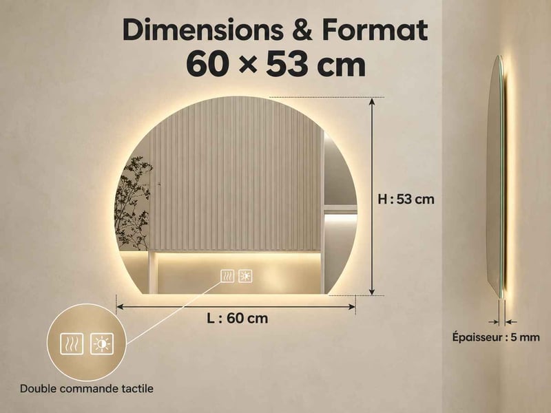  Miroir salle de bain led forme arche 60 × 53 cm, éclairage 3 couleurs à intensité variable et fonction antibuée tactile  - Conforama C