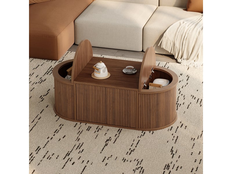  Table basse ovale avec rangement, 100x50x35 cm, couleur noyer, 4 portes magnétiques, bords arrondis  - Conforama D